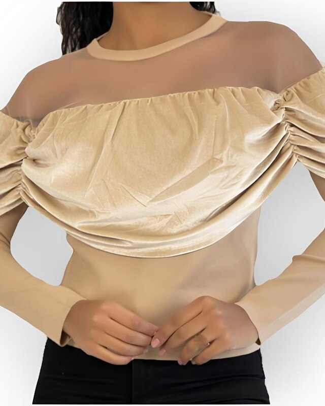 Seleste | Transparante Dames Top - Fluwelen Drapering - Lange Mouwen