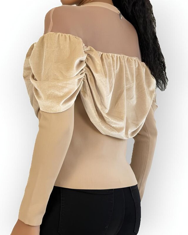 Seleste | Transparante Dames Top - Fluwelen Drapering - Lange Mouwen