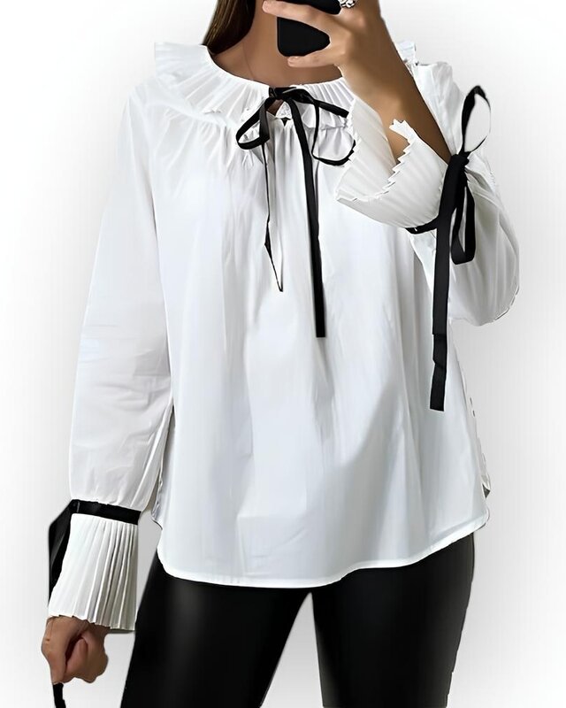 Dames Blouse -Plissédetails - Zwart Satijnen Lint