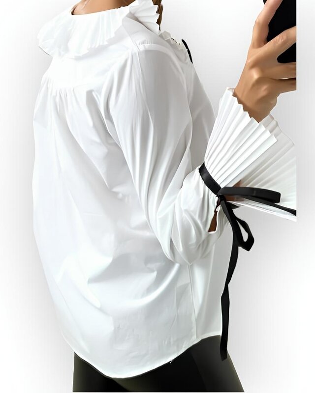 Dames Blouse -Plissédetails - Zwart Satijnen Lint