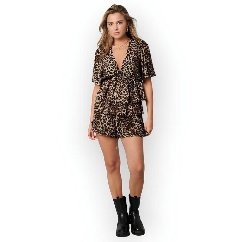 Mira – Kortemouwen Top met Luipaardprint, Diepe V-Hals - Elastische Taille