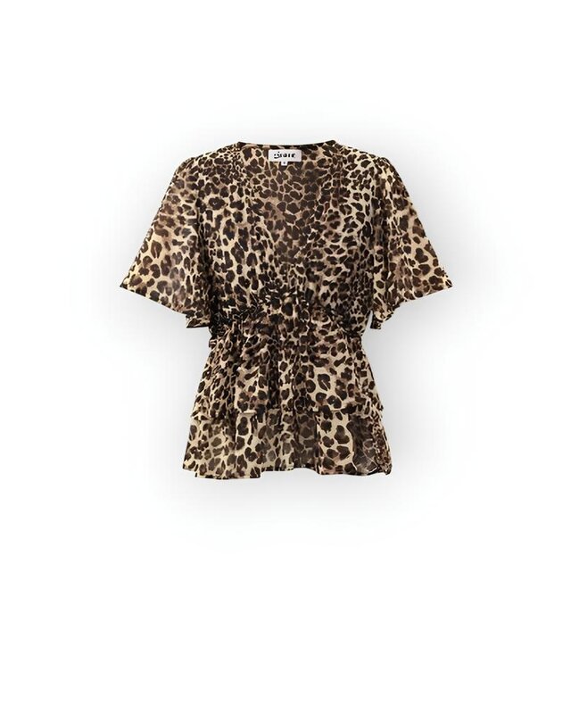 Mira – Kortemouwen Top met Luipaardprint, Diepe V-Hals - Elastische Taille