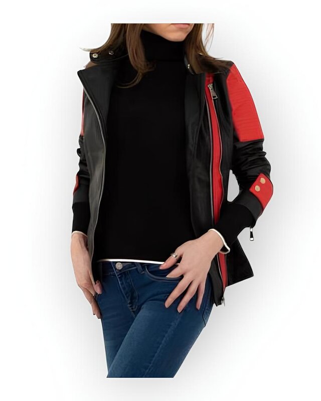 Roxy Biker Jack voor Dames – Stoer Lederlook Jack in Zwart met Rood Detail