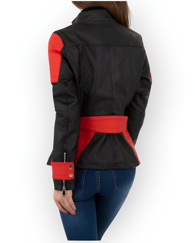 Roxy Biker Jack voor Dames – Stoer Lederlook Jack in Zwart met Rood Detail