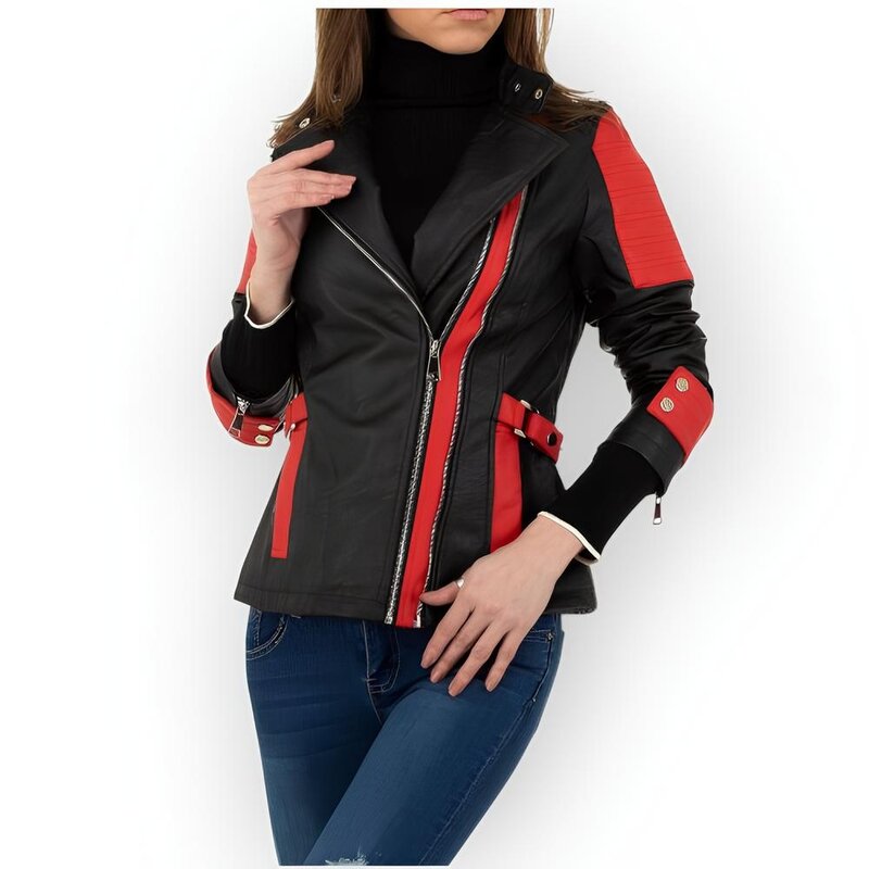 Roxy Biker Jack voor Dames – Stoer Lederlook Jack in Zwart met Rood Detail