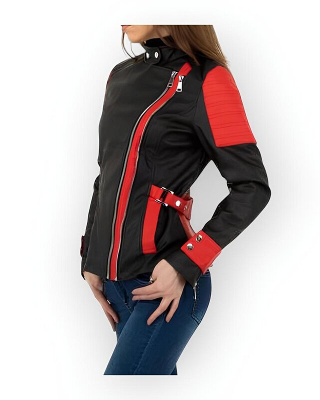 Roxy Biker Jack voor Dames – Stoer Lederlook Jack in Zwart met Rood Detail