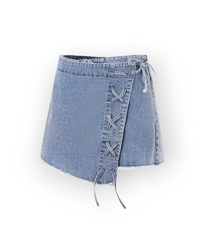Lexi – Korte Denim Skort - Ruwe Zoom en Vetersluiting