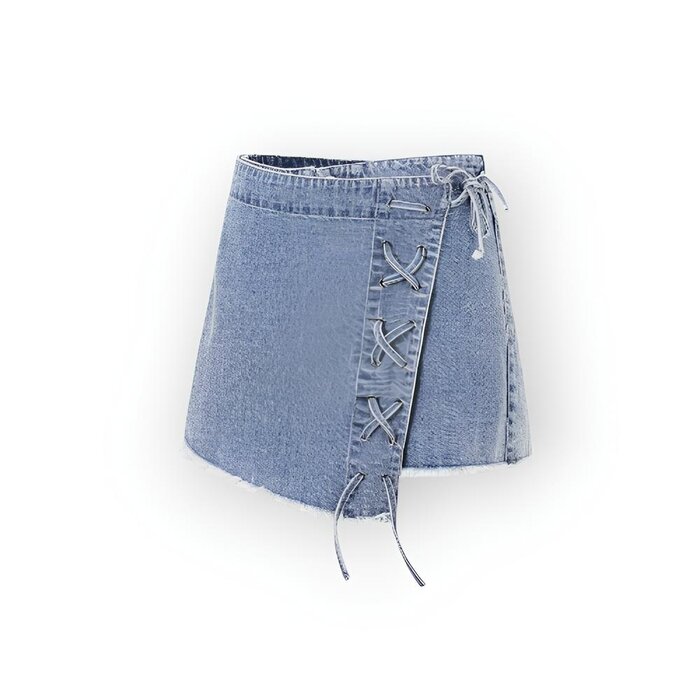 Lexi – Korte Denim Skort - Ruwe Zoom en Vetersluiting