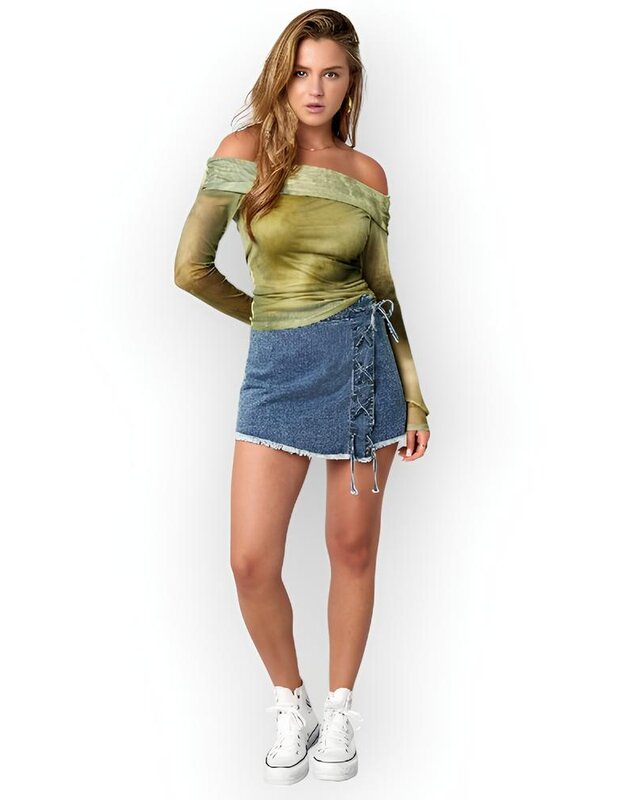 Lexi – Korte Denim Skort - Ruwe Zoom en Vetersluiting