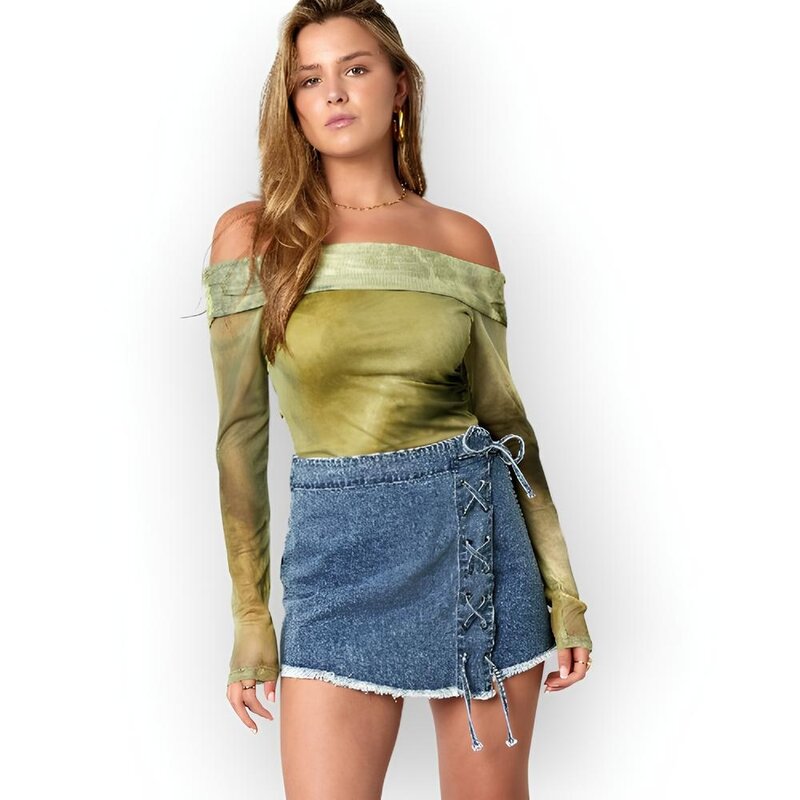 Lexi – Korte Denim Skort - Ruwe Zoom en Vetersluiting