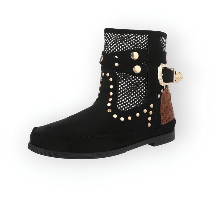 Indira – Unieke Western Boots - Mesh, Gouden Gesp en Studs