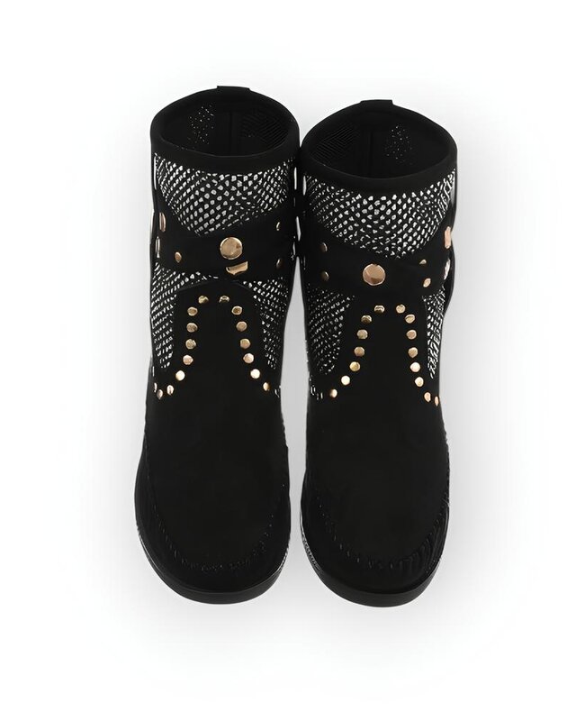Indira – Unieke Western Boots - Mesh, Gouden Gesp en Studs