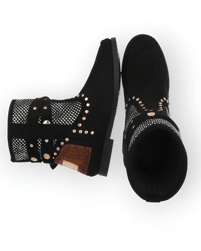 Indira – Unieke Western Boots - Mesh, Gouden Gesp en Studs