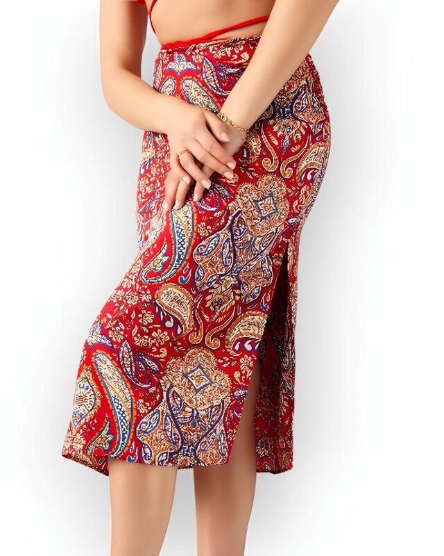 Luma – Lange Zomerrok - Bandana Print, Split en Zijsluiting in Rood of Blauw