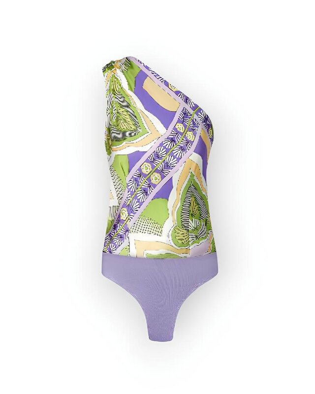 Zarae – Satijnachtige One Shoulder Bodysuit met Lila-Groene Print