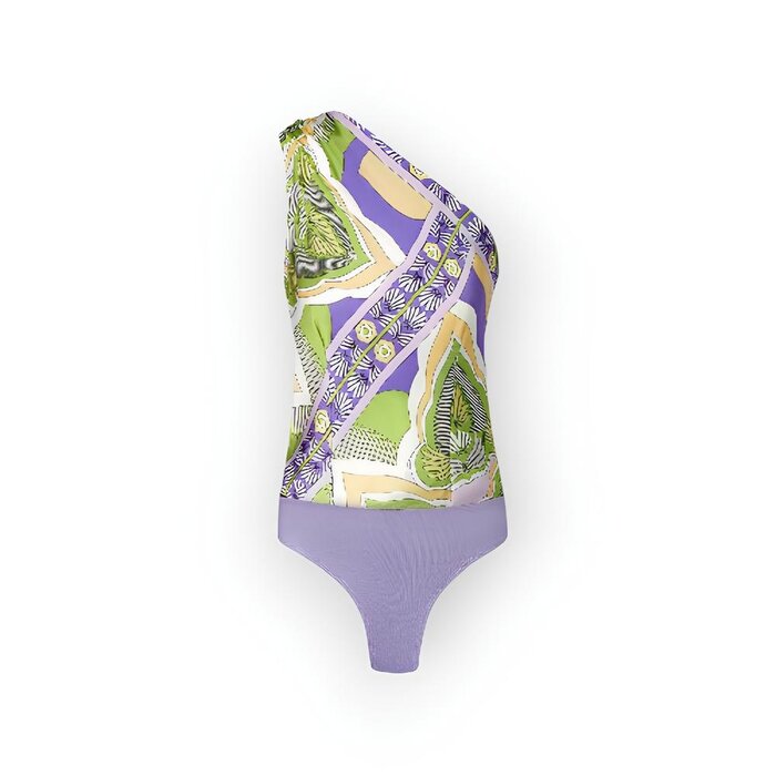 Zarae – Satijnachtige One Shoulder Bodysuit met Lila-Groene Print