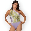 Zarae – Satijnachtige One Shoulder Bodysuit met Lila-Groene Print