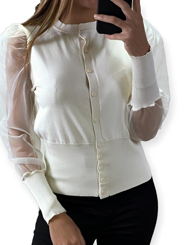 Elya – Ecru Vest met Transparante Pofmouwen en Getailleerde Pasvorm