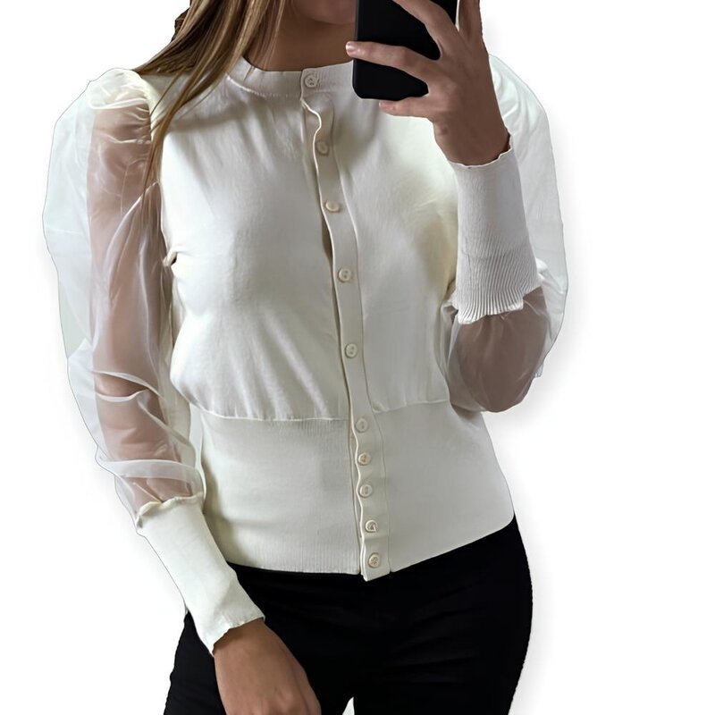 Elya – Ecru Vest met Transparante Pofmouwen en Getailleerde Pasvorm