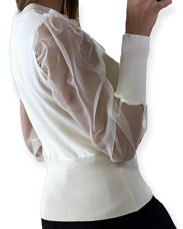 Elya – Ecru Vest met Transparante Pofmouwen en Getailleerde Pasvorm