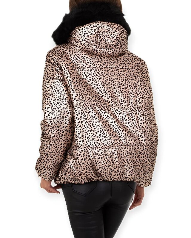 Lana – Luxe Goudkleurige Jas met Zwarte Fluwelen Panterprint