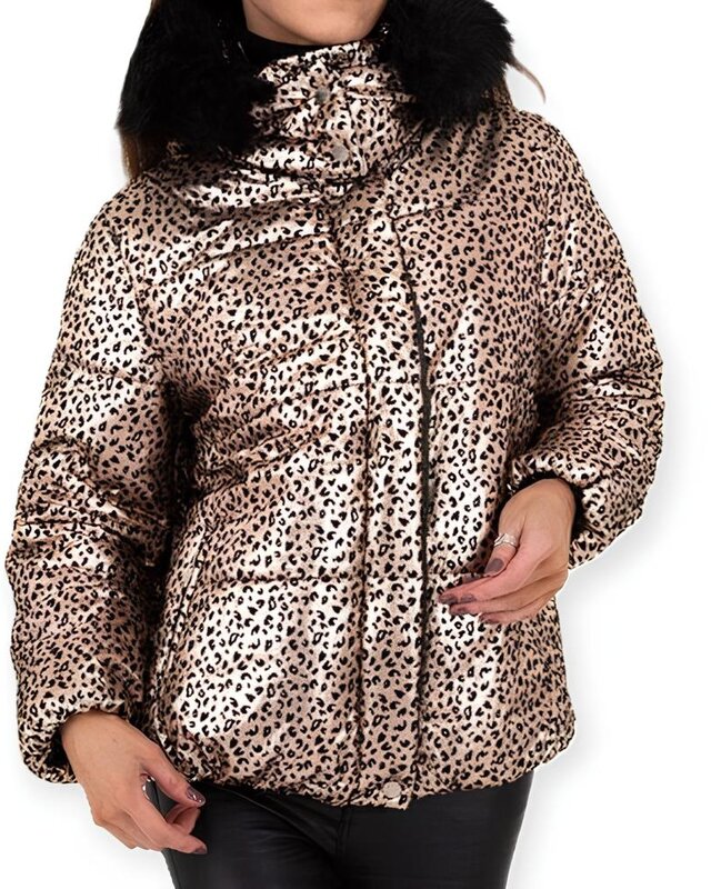 Lana – Luxe Goudkleurige Jas met Zwarte Fluwelen Panterprint