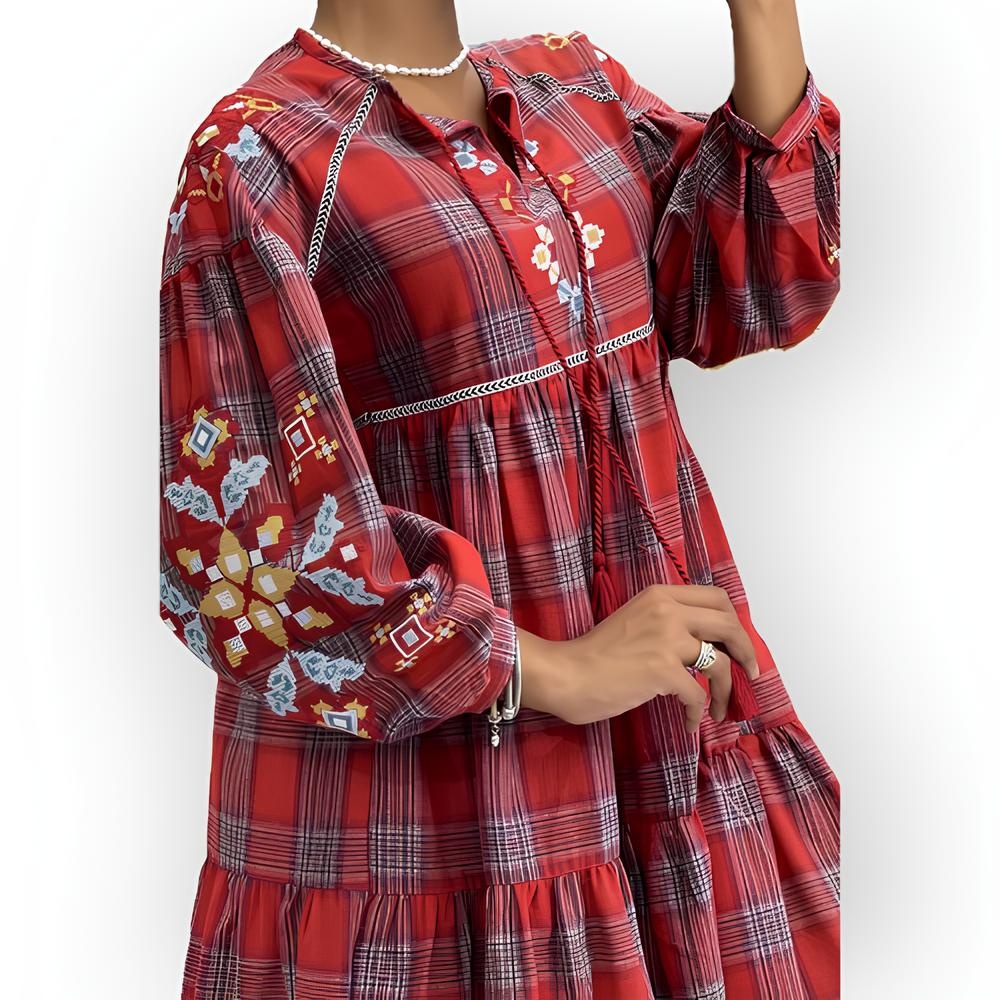 Lotta – Tartan Jurk in Groen / Geel / Rood - Met Bloemenborduursel en Lange Mouwen