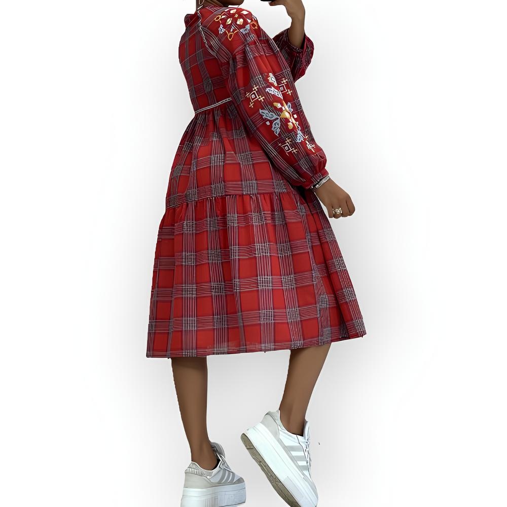 Lotta – Tartan Jurk in Groen / Geel / Rood - Met Bloemenborduursel en Lange Mouwen