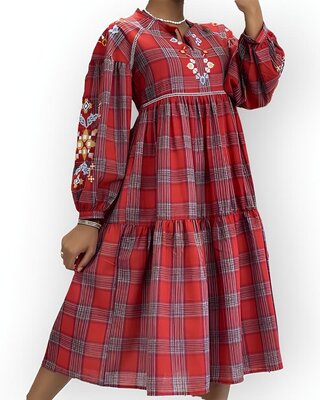 Lotta – Tartan Jurk - Bloemenborduursel