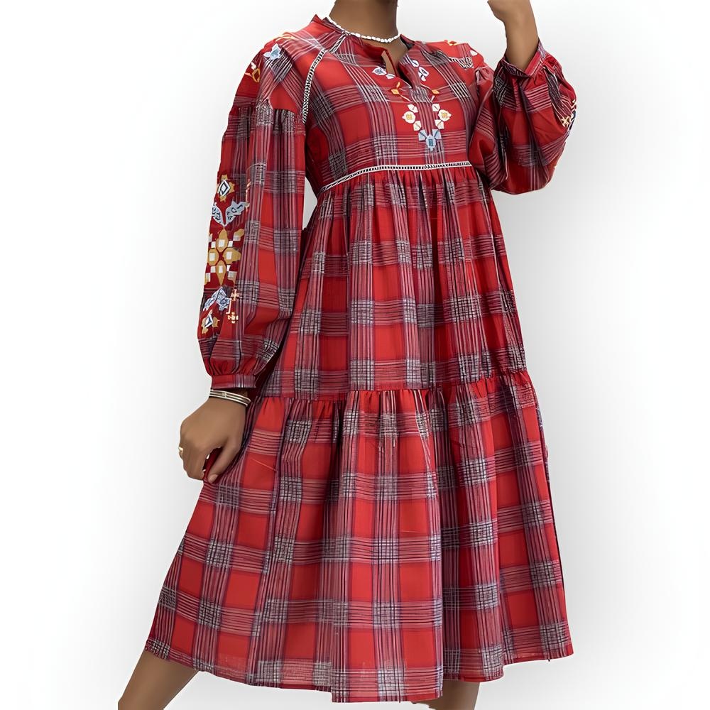 Lotta – Tartan Jurk in Groen / Geel / Rood - Met Bloemenborduursel en Lange Mouwen