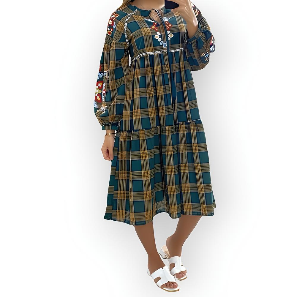 Lotta – Tartan Jurk in Groen / Geel / Rood - Met Bloemenborduursel en Lange Mouwen