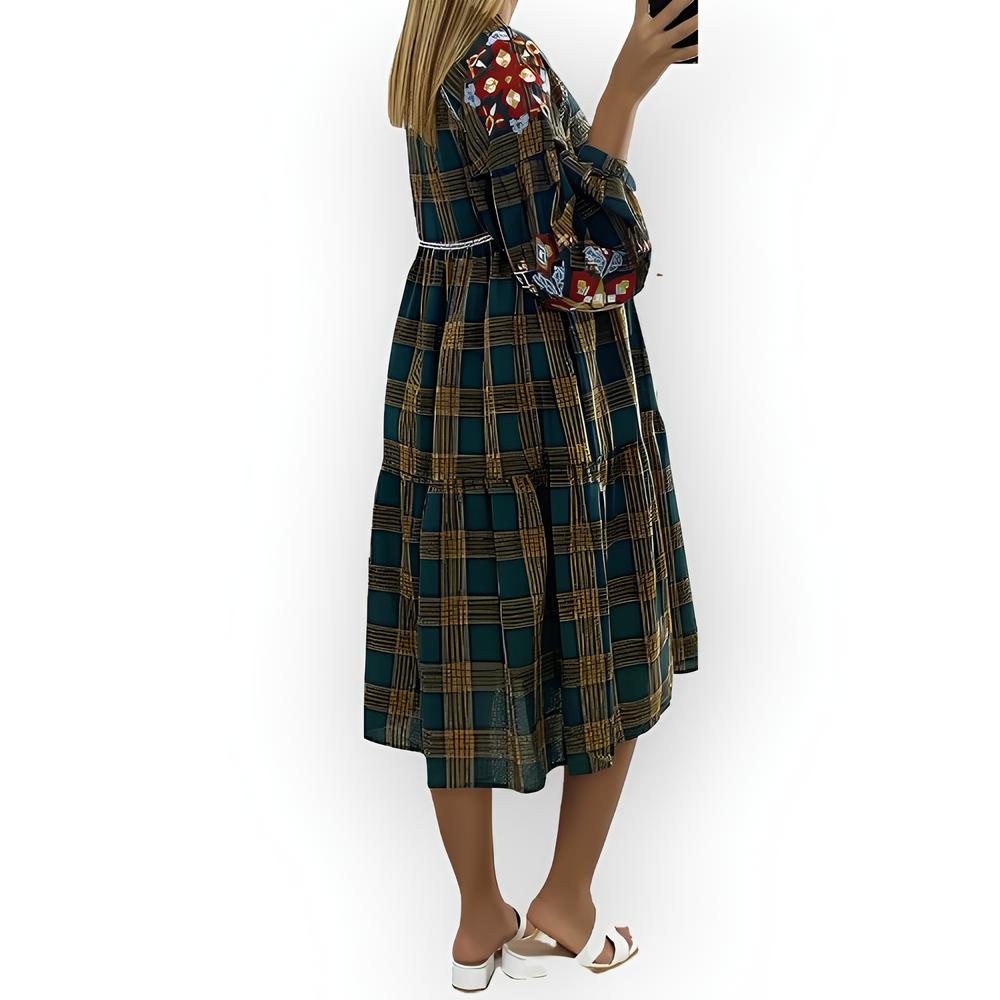 Lotta – Tartan Jurk in Groen / Geel / Rood - Met Bloemenborduursel en Lange Mouwen