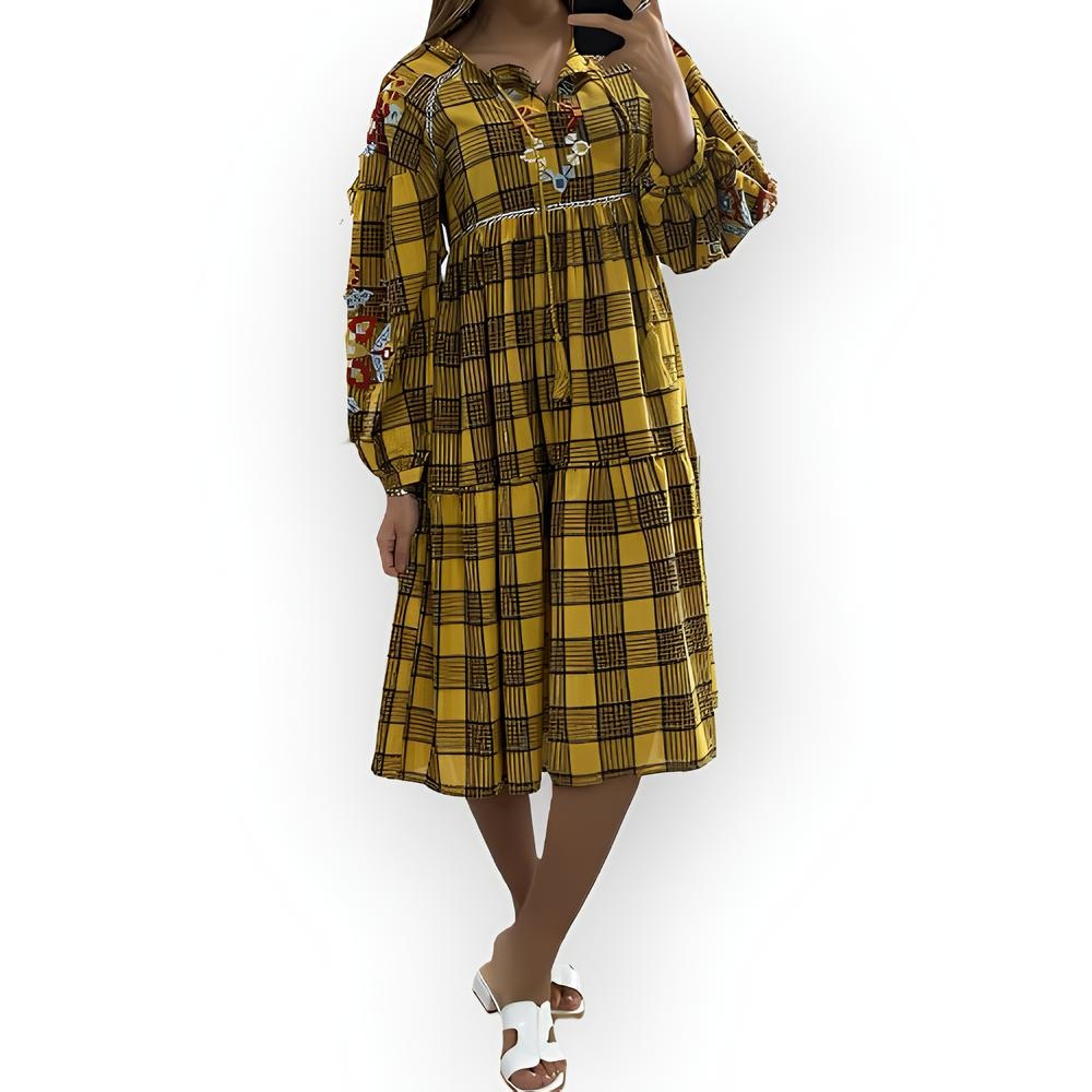 Lotta – Tartan Jurk in Groen / Geel / Rood - Met Bloemenborduursel en Lange Mouwen