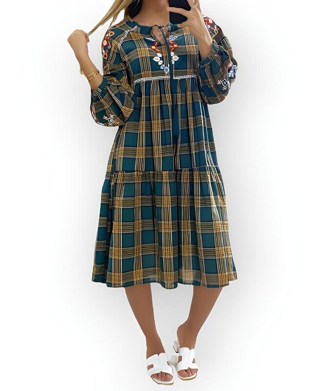 Lotta – Tartan Jurk in Groen / Geel / Rood - Met Bloemenborduursel en Lange Mouwen