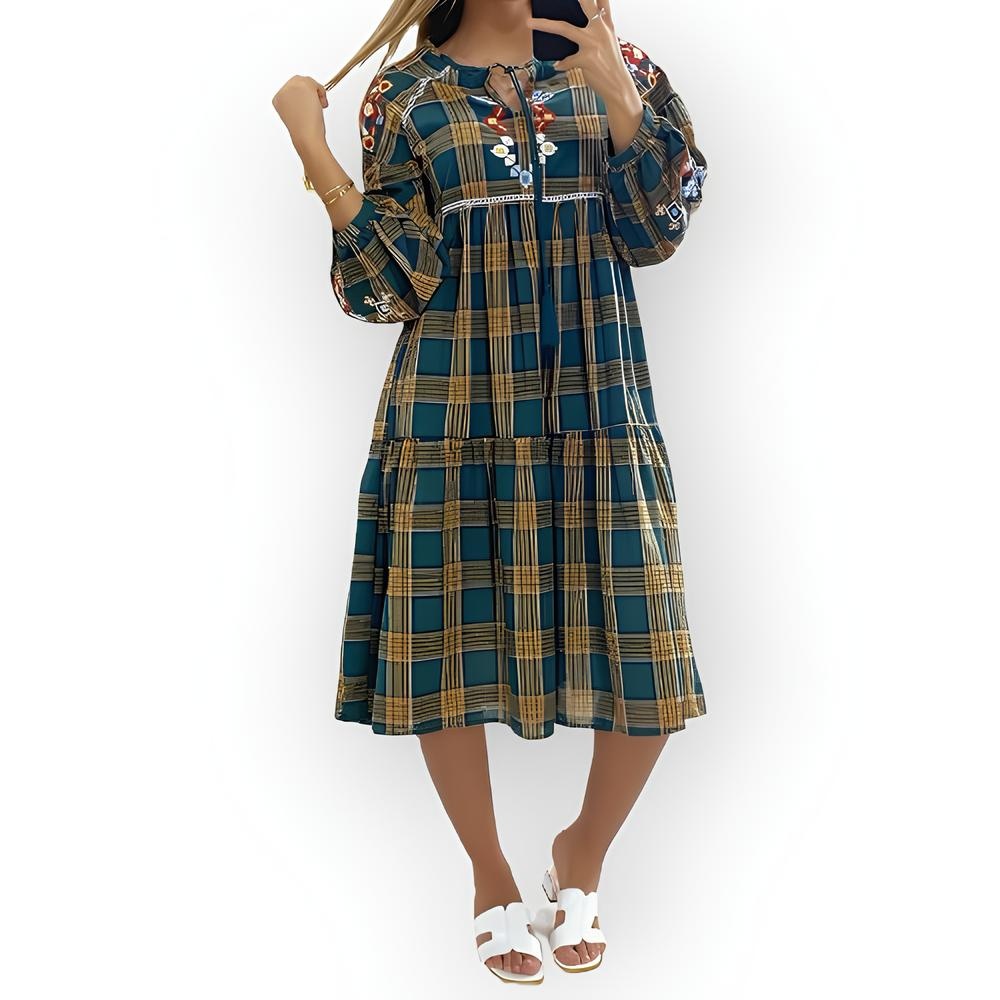 Lotta – Tartan Jurk in Groen / Geel / Rood - Met Bloemenborduursel en Lange Mouwen