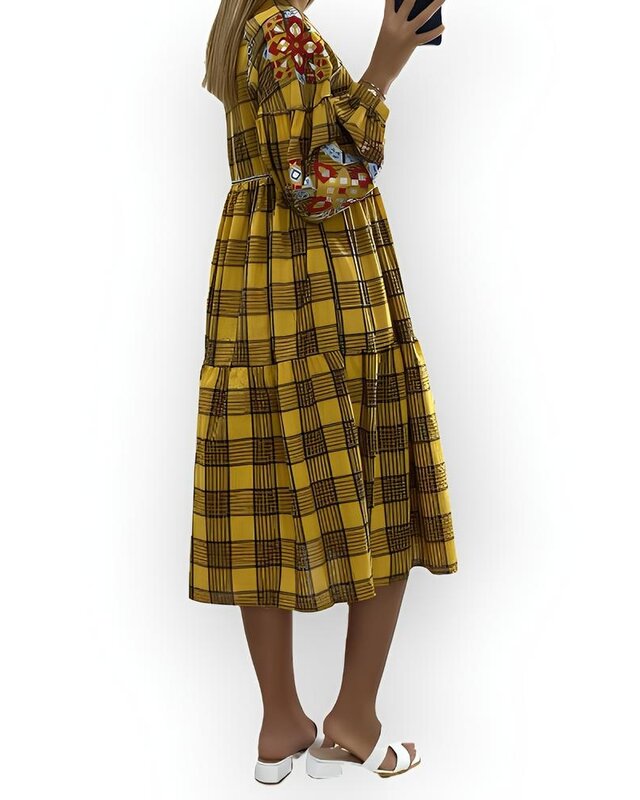 Lotta – Tartan Jurk in Groen / Geel / Rood - Met Bloemenborduursel en Lange Mouwen