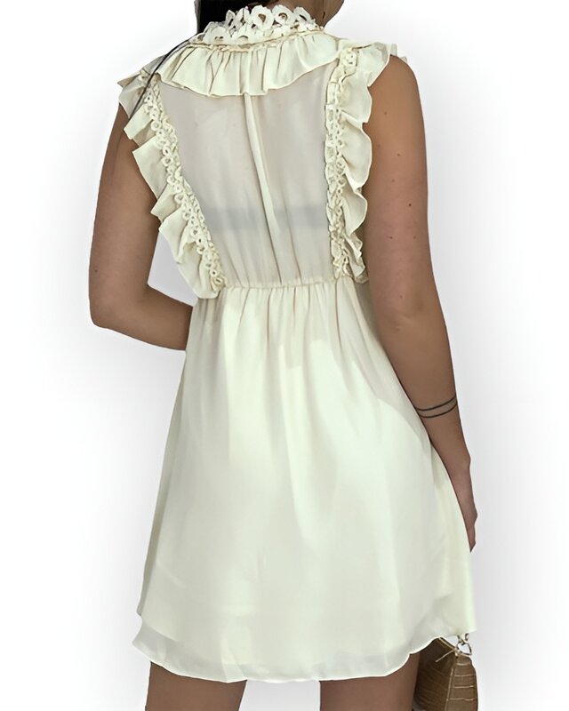 Diva – Elegante Beige Skaterjurk met Borduurwerk, Rouches en Elastische Taille