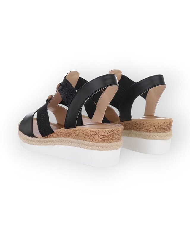 Liora – Elegante Zomersandalen met Sleehak, Zwart Imitatieleder en Houten Kralendetail