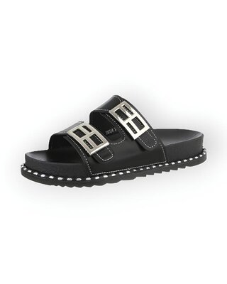 Reva – Zwarte Slippers - Zilveren Gespen en Studs