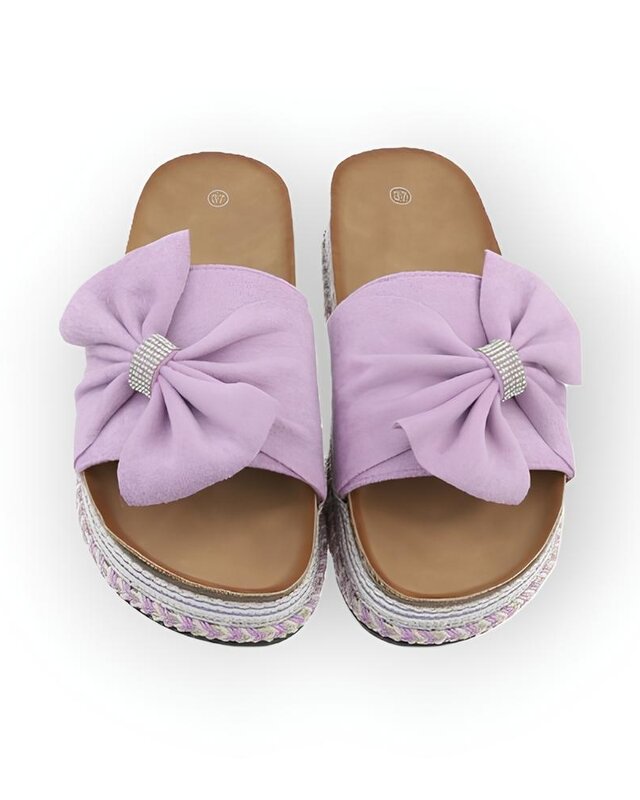 Yara – Comfortabele Zomerslippers met Suedine Strik en Stras ring in Fuchsia, Lila of Zwart