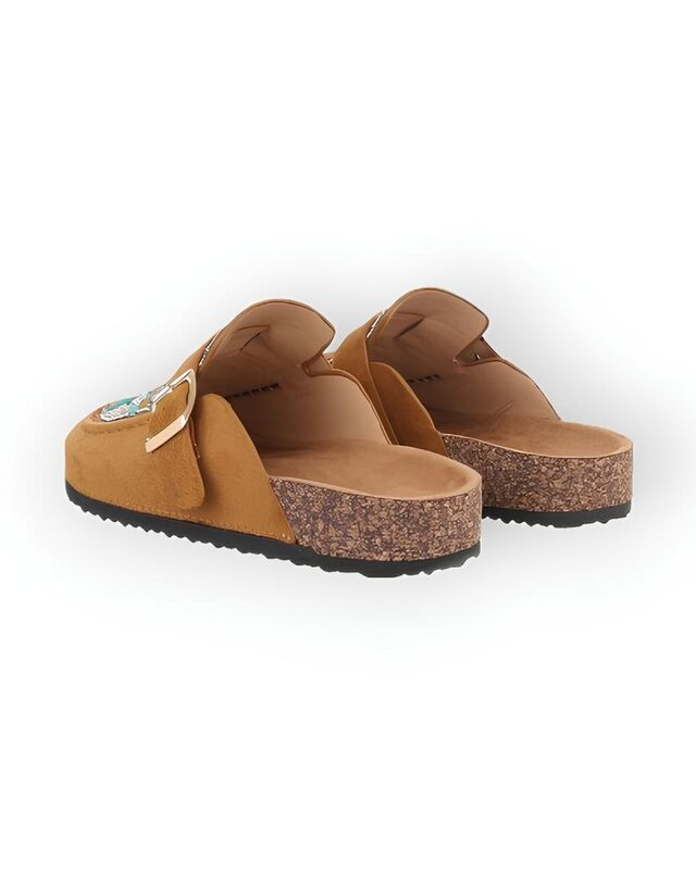 Liora – Suedine Instappers in Zwart of Camel met Glanzende Steentjes, Kralen en Decoratieve Gesp