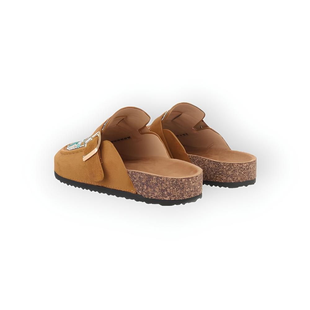 Liora – Suedine Instappers in Zwart of Camel met Glanzende Steentjes, Kralen en Decoratieve Gesp