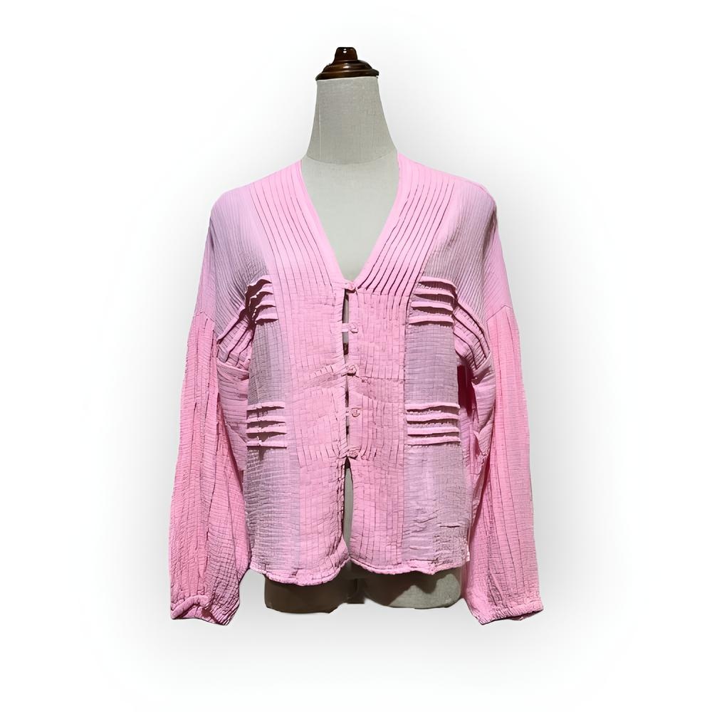 Faye – Geplooide Dames Blouse met Knoopsluiting en Elastische Mouwrand