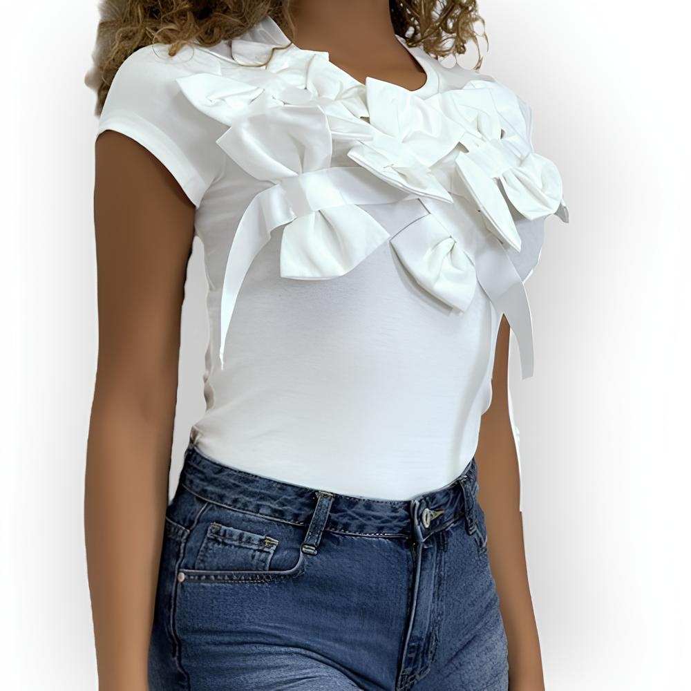 Rivka – Elegant T-shirt met Schouderstrikken met Satijnen Lint