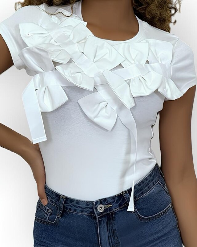 Rivka – Elegant T-shirt met Schouderstrikken met Satijnen Lint