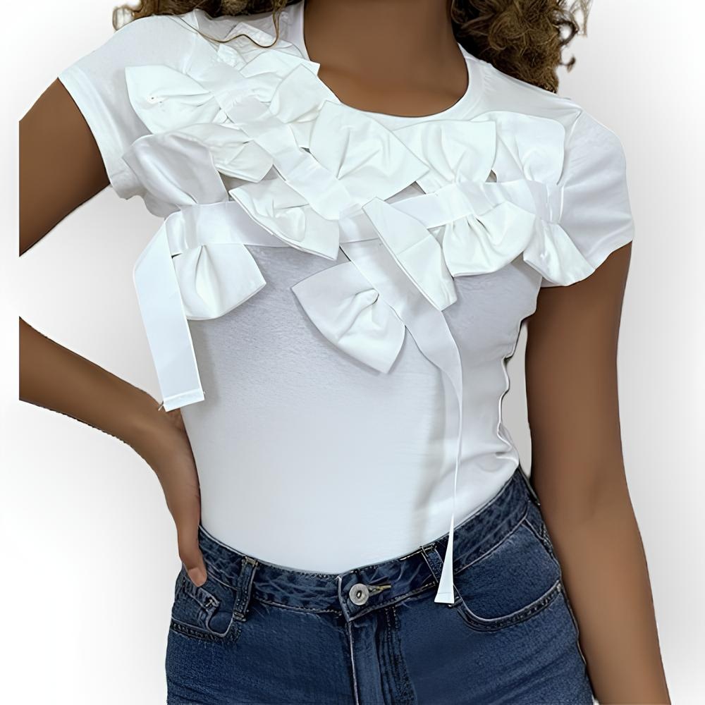 Rivka – Elegant T-shirt met Schouderstrikken met Satijnen Lint