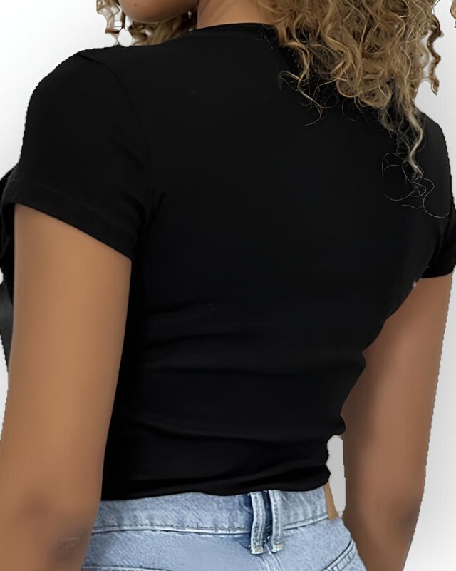 Rivka – Elegant T-shirt met Schouderstrikken met Satijnen Lint