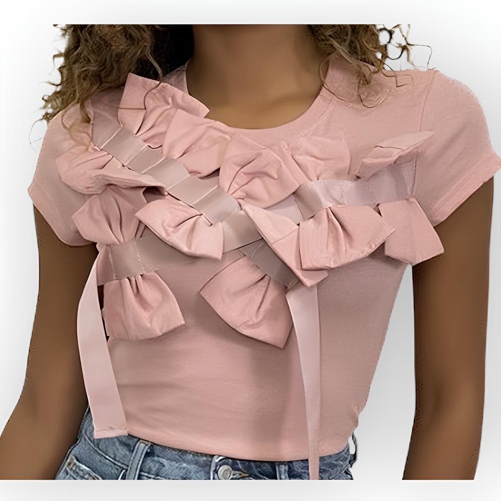 Rivka – Elegant T-shirt met Schouderstrikken met Satijnen Lint