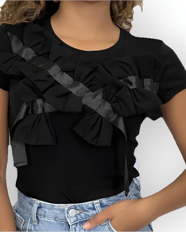 Rivka – Elegant T-shirt met Schouderstrikken met Satijnen Lint