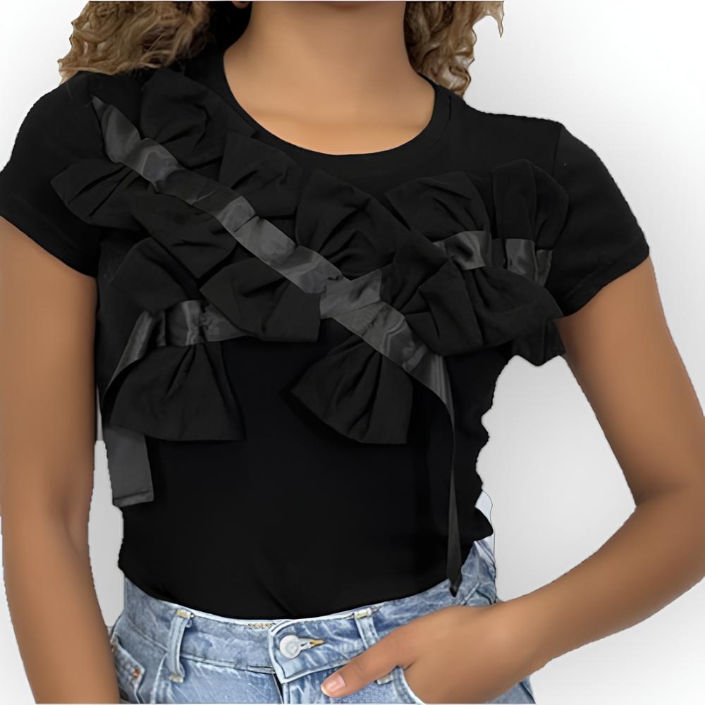 Rivka – Elegant T-shirt met Schouderstrikken met Satijnen Lint